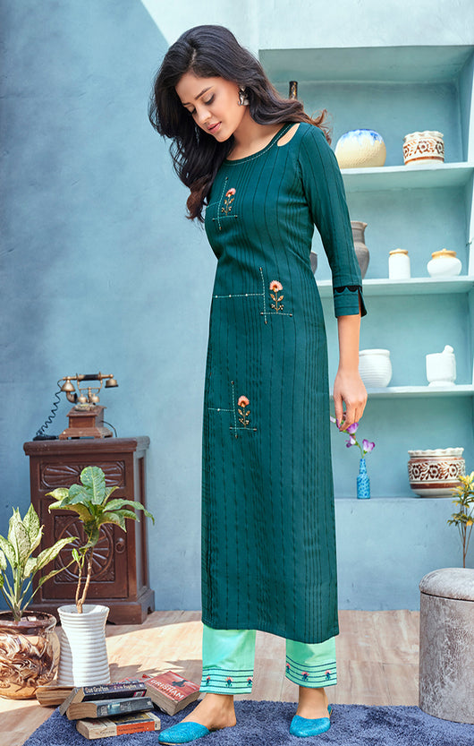 Magnificent Sea Green Designer Kurti with Pant For Casual and Ethnic W –  PAAIE